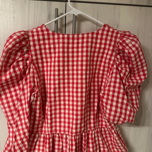RHODE Red & White Gingham Puff-Sleeve Dress with Gathered Front - Picture 5 of 5